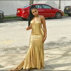 I Worn This Dress Once For My Sweet 16 So It’s In Great Condition. It’s Shorter In The Front And Has A Long Train. If You Have Any Question Just Let Me Know In The Comments Below! Gold Floor-length Sequin Dress For Prom Season, Gold V-neck Dresses With Sweep Train, Gold Sequin Maternity Dress, Gold Sequin Floor-length Dress, Gold V-neck Sequin Dress, Gold Sequin Gown, Long Train, Sequin Gown, Gold Sequin