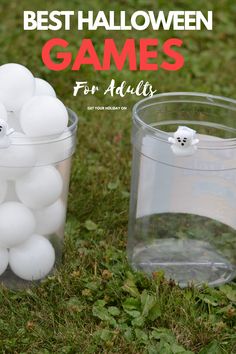 two plastic cups filled with white balls on top of green grass next to each other and the words best halloween games for adults