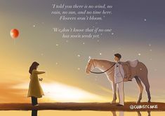 a person standing next to a horse with a balloon in the sky above it and an image of a man holding a woman's hand