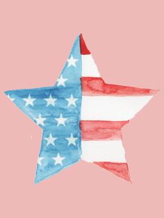 an american flag star painted in red, white and blue watercolor on a pink background