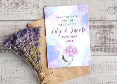 save the date card with lavender flowers on it