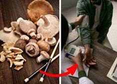 two pictures one shows mushrooms and the other shows an image of a person using a digital scale