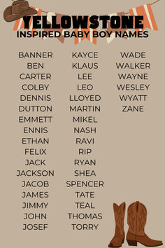 a poster with cowboy boots and name tags on it's side, which reads yellowstone inspired baby boy names