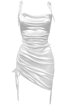 Our Cabo Dress is a best seller for good reason. Selling thousands of units every month, this satin mini dress is a classic style that can be worn in many different ways. Tie the straps in the front or cross them in the back and use the adjustable drawstrings to fit the dress to your body's natural curves. White satin mini dress perfect for any occasion. Cowl neckline and ruche detailing throughout. White Satin Mini Dress, Lace Side, Cowl Neckline, Satin Midi Dress, Satin Mini Dress, Hoco Dresses, Satin Material, Midi Length Dress, Satin Dresses