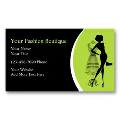 a business card with an image of a woman in a dress and heels on it