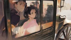 an anime scene is shown through the window of a horse - drawn carriage with two people in it