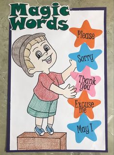 a child's poster with the words, magic words please sorry thank you because they may