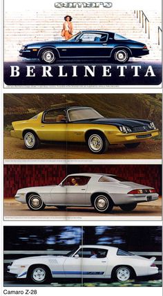 three different colored cars are shown in this advertisement for the car company, berlinetteta