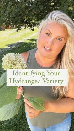 a woman holding up a sign that says identifying your hydrangea variety in front of her face