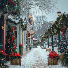 a snowy street with christmas decorations and lights