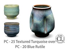 three vases with different colors and sizes are shown in the image, one is blue