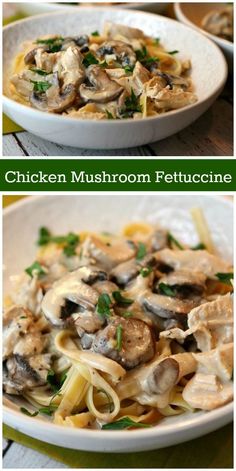 chicken and mushroom fettuccine in a white bowl