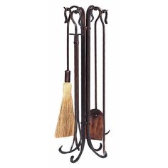 a metal rack with two brooms on it