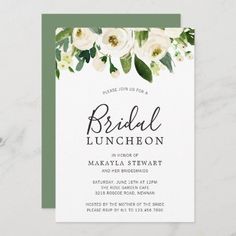 the bridal luncheon card is shown with white flowers and green leaves on it