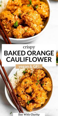 crispy baked orange cauliflower in a bowl with chopsticks on the side