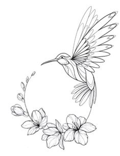 a hummingbird flying through the air with flowers in it's beak and wings