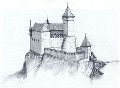 a drawing of a castle sitting on top of a hill