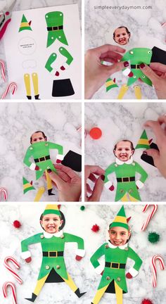 an elf cut out from paper with candy canes