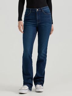 CELEBRATED STYLE STAPLE Few silhouettes are as celebrated as the Wrangler® bootcut. These women's bootcut jeans feature a hip-hugging high rise that flatters your figure while providing the perfect amount of coverage to keep you comfortable through the day. Their contoured waistband allows the style to sit higher in the back for less gaping while the timeless bootcut jeans offer a versatile look you can dress up or down to suit every occasion. With a leg opening that fits comfortably over combat Chic Dark Wash Button Closure Flare Jeans, Cheap Dark Wash Flare Jeans With Button Closure, Dark Wash Flare Jeans With Button Closure, Dark Wash Mid-rise Flare Jeans With Button Closure, Dark Wash Bootcut Jeans Women, Womens Jeans Bootcut, Wrangler Jeans, Bootcut Jeans, High Rise