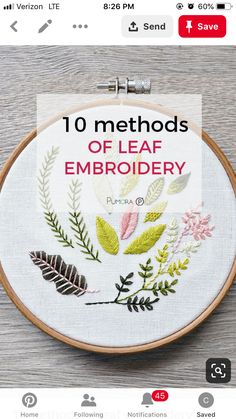 an embroidery project with text overlay that reads 10 methods of leaf embroidery