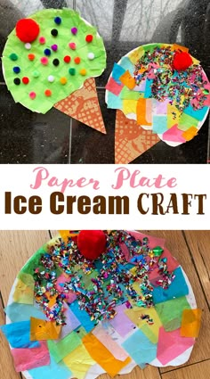 paper plate ice cream craft with sprinkles on it and an image of two cones