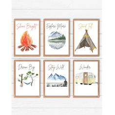 four watercolor paintings with campers and tents on them