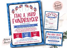 a flyer for a yard fundraiser with american flags and flowers on the table next to it