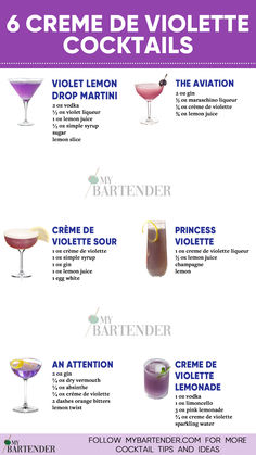 Creme de Violette Cocktails Creme De Violette Drinks, Drink Essentials, Violet Cocktail, Autumn Drinks, Cocktail Original, Bartender Drinks Recipes, Valentine Drinks, Cocktail Vodka, Bartender Drinks