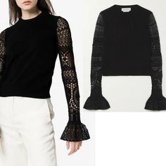 HTML 5 Template   NEW $990 ALEXANDER MCQUEEN Black Wool Pullover Sweater w/ Sheer Lace Sleeves Size(s) Small Chest: 34-36", Length: 19.5" Description New with tag. Purchased from Alexander McQueen. Retail $990. Photos are of the actual item. Authentic Alexander McQueen Top in a chic style. Black 100% Wool knit in a pullover style. See through cotton blend lace sleeves with ruffle cuff. Rib knit at neck and hem. Classic fit. Style 610736. Made in Italy. Perfect for the office or around town. * Al Knitting Fashion Runway Vogue 2022 : 23, Designer Fitted Crew Neck Sweater, Luxury Long Sleeve Sweater For Spring, Black Fitted Luxury Sweater, Black Fitted Designer Sweater, Designer Black Fitted Sweater, Luxury Black Fitted Sweater, Luxury Fitted Black Sweater, Luxury Fitted Fall Sweater