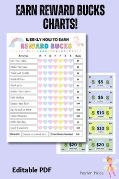 printable reward bucks chart with rainbow hearts