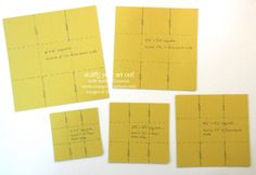 four pieces of yellow paper are laid out on a white surface with lines drawn across them