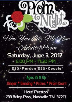 a flyer for prom night with roses and stars in the sky, on a black background