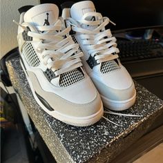 Jordan 4 Military Black. Bought For 350 On Marketplace. Ive Never Worn Jordans Before And Didnt Like How Clunky They Looked On My Feet. I Loose Laced Them And Tried Them On With A Couple Fits Other Than That They Are Brand New. Dm For More Pics Air Jordan Retro 4 Off White, Air Jordans 4 Retro Black Cat, Luxury White Air Jordan 4 Casual Shoes, Luxury Gray Jordan Shoes For Streetwear, Luxury Black Leather Air Jordan 4, Jordan 4 Loose Lace, Luxury Low-top Air Jordan 4 Sporty Shoes, Luxury Breathable Air Jordan 4 Sporty Shoes, Couple Shoes Matching Nike