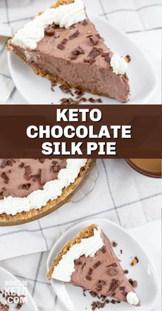 two slices of keto chocolate silk pie on white plates