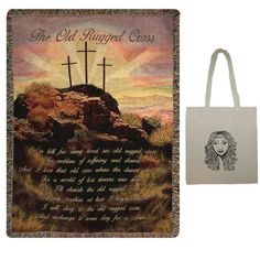 the old rugged cross blanket and tote bag with an image of jesus on it