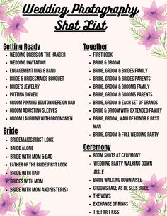 the wedding photography shot list is shown