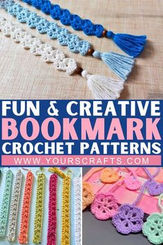 crochet bookmark patterns with text overlay that reads fun and creative bookmark crochet patterns