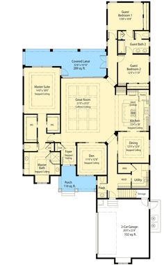 the floor plan for this house shows the living room, dining area and kitchen areas