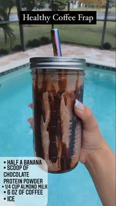 a person holding up a coffee cup next to a pool with the words healthy coffee frap on it