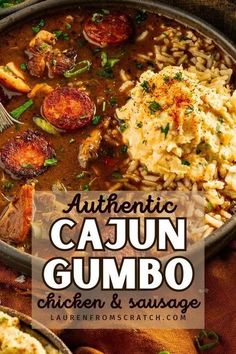 authentic cajun gumbo chicken and sausage recipe in a skillet with text overlay that reads authentic cajun gumbo chicken and sausage