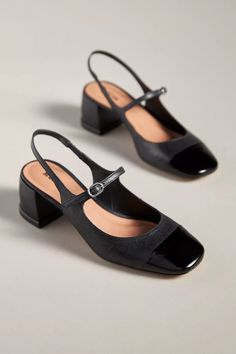 Maeve Mary Jane Slingback Heels | Anthropologie Short Heels Women, Mary Jane Pumps Shoes, Chunky Kitten Heels, Slingback Heels Outfit Work, Women’s Work Shoes, Professional Shoes Women, Comfortable Work Heels, Slingback Heels Outfit, Business Casual Shoes Women