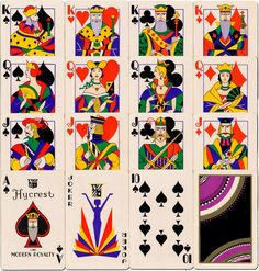 an image of playing cards with jokers and queens on each card in different colors