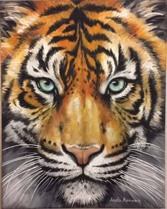 a painting of a tiger's face with blue eyes