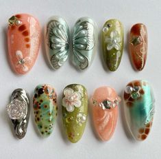 forest fairy nails by allycoolcattt on instagram Press On Nails Design, Medium Almond, Pretty Gel Nails, Really Cute Nails, 3d Butterfly, Nails 2024, Dream Nails, Funky Nails, Dope Nails