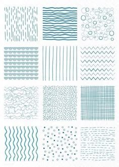 six different blue and white patterns with wavy lines on the top, bottom, and bottom