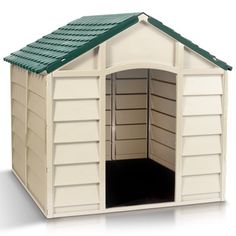 a tan plastic storage shed with the door open