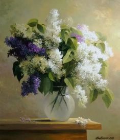 a painting of white and purple flowers in a vase