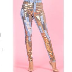 Stylish Sequin Embellished Distressed Denim Jeans - Available In Size(S) S, M & L! - Available In Gold, Pink And Turquoise! Trendy Embellished Spring Jeans, Trendy Embellished Jeans For Spring, Sequin Denim Bottoms For Spring, Casual Embellished Party Jeans, High-waist Embellished Jeans For Spring, Casual Embellished Jeans For Party, Spring High Waist Embellished Jeans, Embellished Fitted Jeans For Fall, Spring Party Denim Jeans