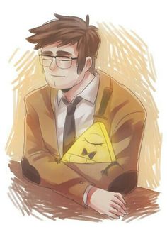 a drawing of a man with glasses and a yellow object in his hand, sitting down