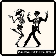 a couple of skeletons dancing together in the same dance pose, with text saying svg png - df - eps jp